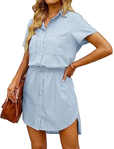 410Y8aCwhFL.jpg Women Casual Denim Dress Short Sleeve Tie Waist Classic Jean Shirt Dress
