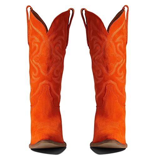 Cowboy Boots Women Embroidered Mid Calf Western Boots Stacked Low Heel Pointed Toe Pull On Cowgirl Boot 4-11 M US