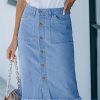 Women's Casual Mid Rise Button Down Frayed Raw Hem Denim Jean Midi Skirt