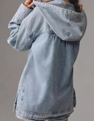 Women's Button Up Sweatshirt Denim Hoodie Oversized Pullover Jacket Jean Tops Casual Boyfriend Jackets