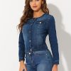 Women's Denim Jacket Collarless Round Neck Button Down Long Sleeve Jean Jackets