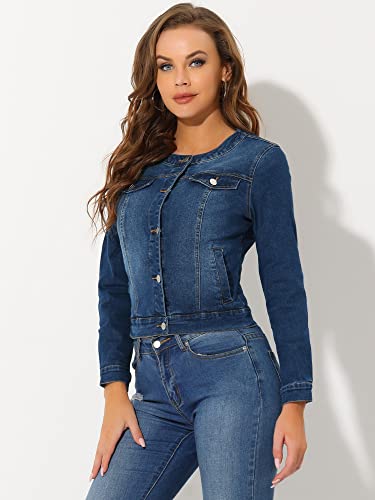 Women's Denim Jacket Collarless Round Neck Button Down Long Sleeve Jean Jackets