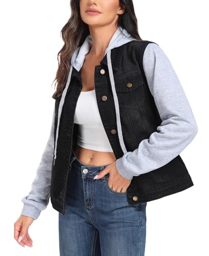 4120aQJ6MBL.jpg Women's Classic Casual Hooded Denim Jacket Drawstring Vintage Washed Jean Jacket Sweatshirt with Pockets