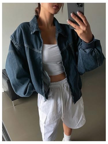 413XEObudtL.jpg Women's Zip Up Denim Jacket Long Sleeve Oversized Jean Jacket Outerwear