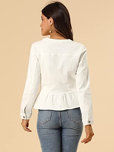 Women's Peplum Denim Jackets Collarless Round Neck Button Down Cropped Ruffle Hem Jacket