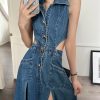 Women Elegant One-Piece with Slit Cut-Out Blue Jean Sundress Sleeveless Denim Dress