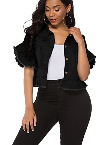 Women's Denim Jacket Button Down Distressed Ruffle Sleeve Crop Jean Jackets Coat