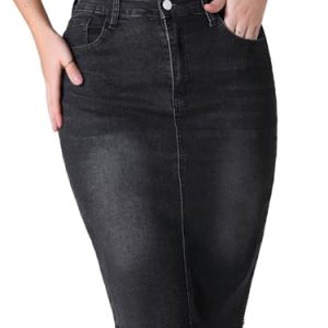 Women's Denim Skirt High Waist Raw Hem Pockets Stretch Bodycon Pencil Skirt Knee Length Jean Skirts