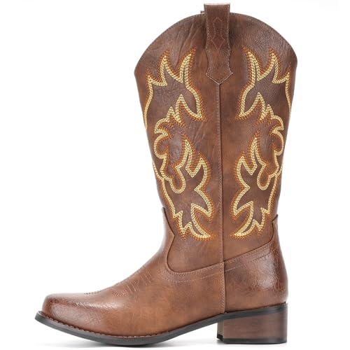 Cowboy Boots For Women Square Toe Cowgirl Boots Mid Calf Western Boots Pull On Fashion Cowboy Boots