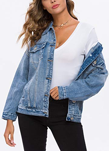Women's Oversize Vintage Washed Boyfriend Denim Jacket Long Sleeve Classic Loose Jean Trucker Jacket 003