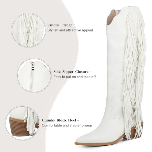 Cowgirl Fringe Boots For Women White Tassels Cowboy Boots Knee High Pointed Toe Western Boots