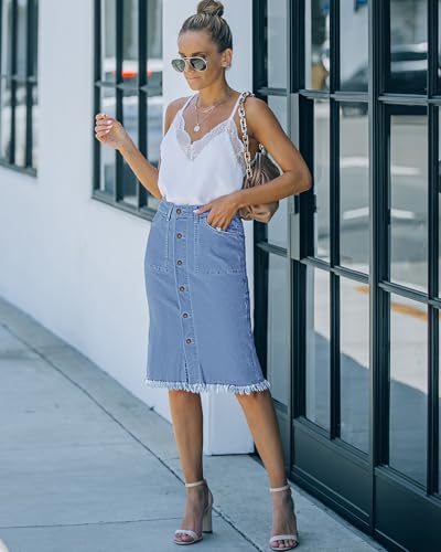 Women's Casual Mid Rise Button Down Frayed Raw Hem Denim Jean Midi Skirt