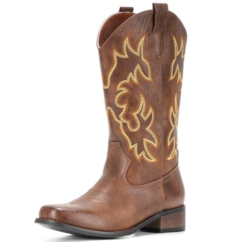 Cowboy Boots For Women Square Toe Cowgirl Boots Mid Calf Western Boots Pull On Fashion Cowboy Boots