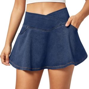 Stretchy Denim Skort V-Waist Jean Skort with Pockets High Waisted Mini Jean Skirt with Shorts Underneath
