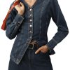 Women's Denim Shirt Long Sleeve Button Down Collarless V-Neck Slim Fit Jean Jacket Denim Top