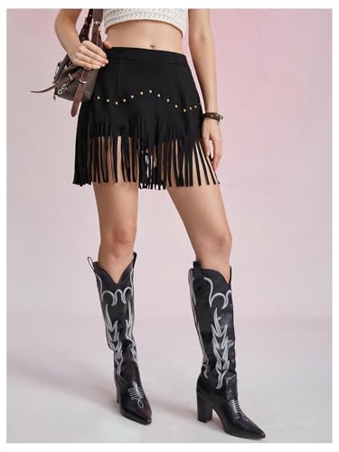 415yb06zOwL.jpg Women's Suede Fringe Sexy Cowgirl Skirts Country Concert Outfit Western High Waisted Skirt