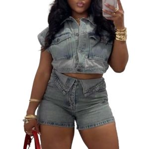 Women's Denim 2 Piece Outfits Button Down Crop Jacket and Shorts Set Summer Sexy Jeans Tracksuits