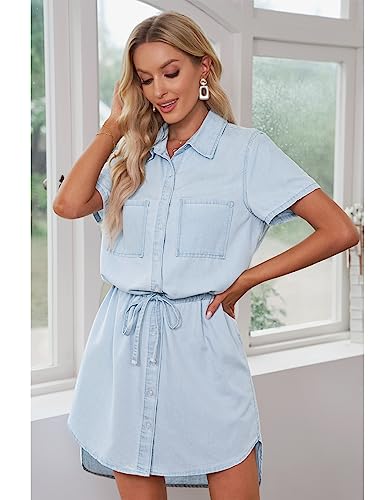 416ElmNpsEL.jpg Women Casual Denim Dress Short Sleeve Tie Waist Classic Jean Shirt Dress