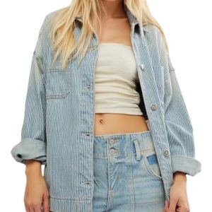 Women's Striped Denim Jackets Casual Long Sleeve Fall Jean Outfits Boyfriend Denim Coat with Pockets