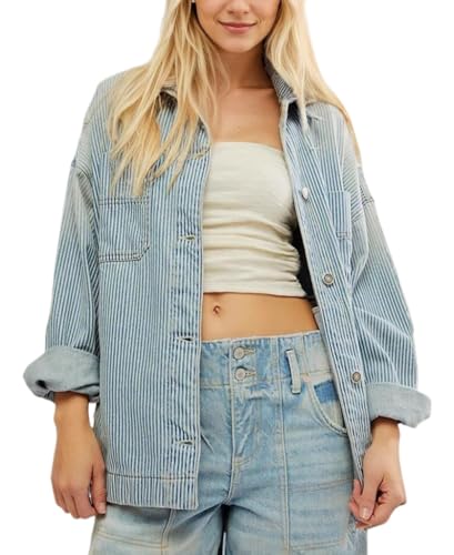 Women's Striped Denim Jackets Casual Long Sleeve Fall Jean Outfits Boyfriend Denim Coat with Pockets