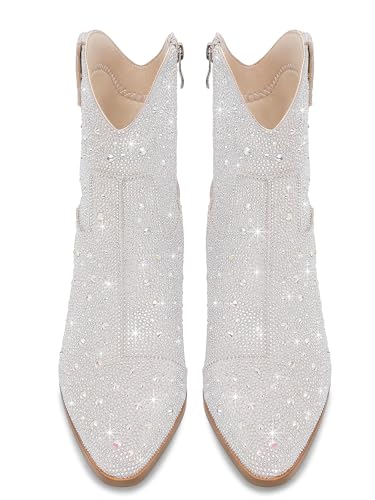 Cowgirl Ankle Boots Cowboy Boots for Women Western Booties Rhinestone Chunky Heel Fashion Comfortable Side Zipper