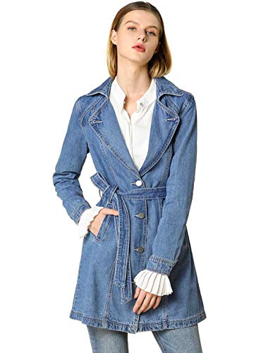 Women's Trench Jean Jackets Notched Lapel Long Sleeve Denim Jacket