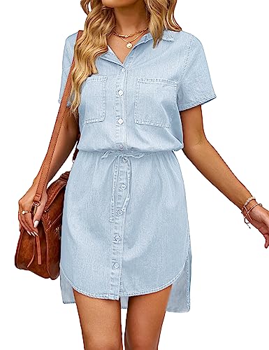 417TU9s50xL.jpg Women Casual Denim Dress Short Sleeve Tie Waist Classic Jean Shirt Dress