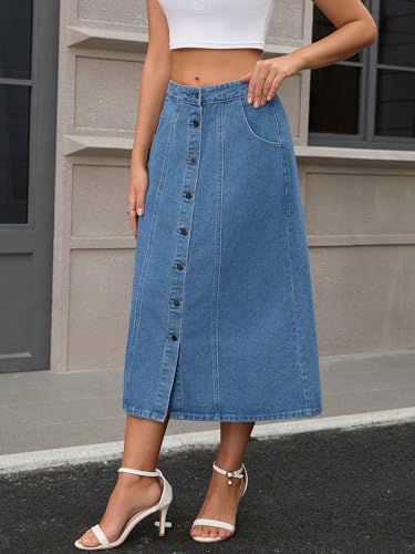 Women's Denim Skirt Button Down Front Slit High Waisted Pockets A Line Midi Jean Skirts