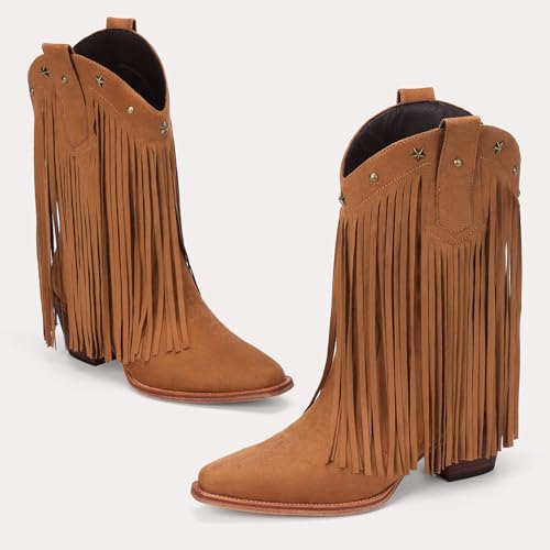 Fringe Cowboy Boots for Women – Mid Calf Cowgirl Boots with Star Studded, Pointed Toe and Chunky Heel, Perfect for Country Music