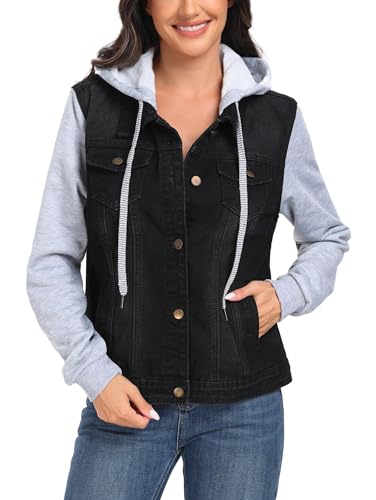 419i8tEKYwL.jpg Women's Classic Casual Hooded Denim Jacket Drawstring Vintage Washed Jean Jacket Sweatshirt with Pockets