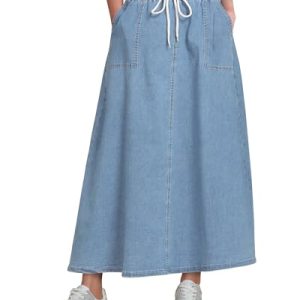 Denim Skirts for Women Trendy A Line Long Maxi Pull On Elastic Waist Drawstring Stretchy Jean Skirt with Pockets