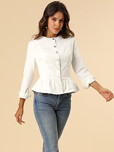 Women's Peplum Denim Jackets Collarless Round Neck Button Down Cropped Ruffle Hem Jacket