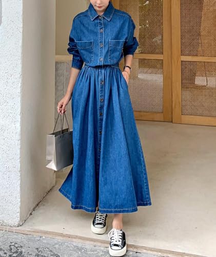 Women's Denim Dress Lapel Button Down Long Sleeve A Line Jeans Maxi Dress Plus Size Denim Shirt Dress with Pockets