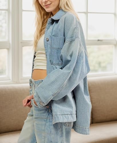 Women's Striped Denim Jackets Casual Long Sleeve Fall Jean Outfits Boyfriend Denim Coat with Pockets