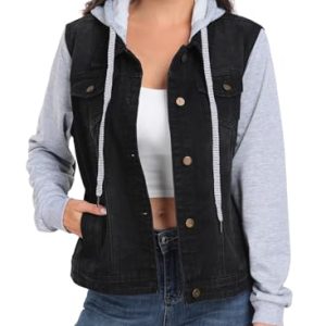 Women's Classic Casual Hooded Denim Jacket Drawstring Vintage Washed Jean Jacket Sweatshirt with Pockets