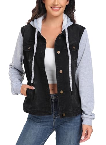 41Ci28shp3L.jpg Women's Classic Casual Hooded Denim Jacket Drawstring Vintage Washed Jean Jacket Sweatshirt with Pockets