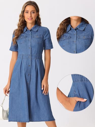 Denim Dress for Women's Collared Short Sleeve A-Line Button Up Jean Midi Dresses