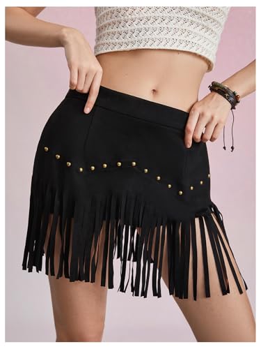 41D1PIN7YAL.jpg Women's Suede Fringe Sexy Cowgirl Skirts Country Concert Outfit Western High Waisted Skirt