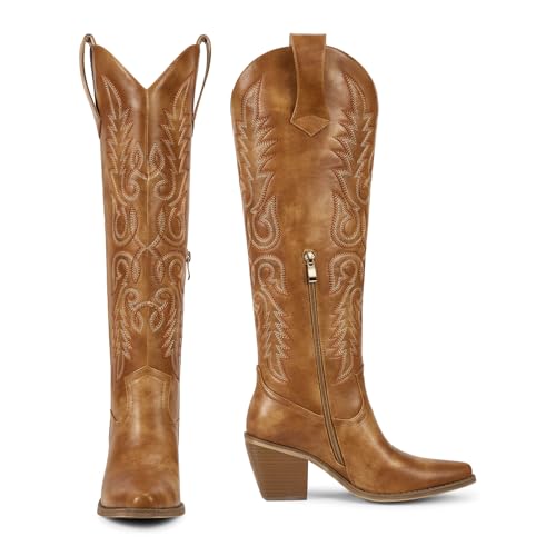 Womens Tall Cowboy Boots Side Zipper Ladies Cowgirl Knee High Boots,Comfortable Retro Vintage Embroidery Pointed Toe Block