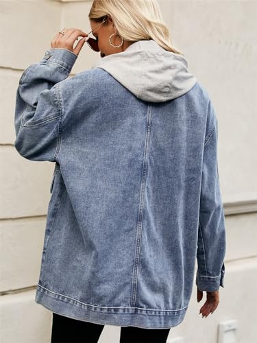 Women's Oversized Denim Jacket Casual Long Sleeve Vintage Jean Jacket Top Coat with Detachable Hood