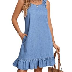 Women's Ruffle Trim Sleeveless Tank Denim Dress Vacation Scoop Neck Jean Dresses