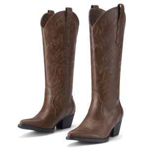 Cowboy Boots for Women Cowgirl Boots Embroidered Knee-High Western Boots Pointy Toe with Chunky Heel