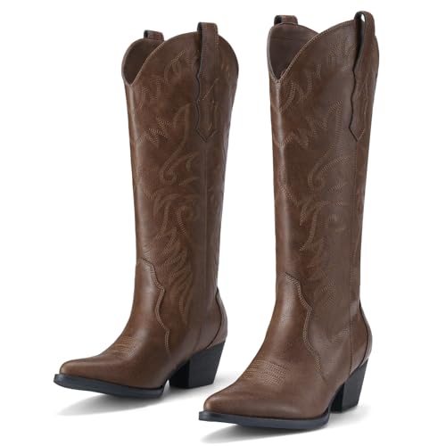 Cowboy Boots for Women Cowgirl Boots Embroidered Knee-High Western Boots Pointy Toe with Chunky Heel