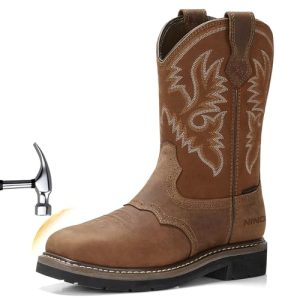NINGO Men's Western Cowboy Boots Waterproof Square Toe Steel/Soft Toe Work Boots Comfortable Men's Slip On Pull On Safety Toe