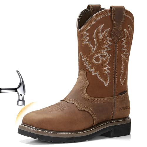 NINGO Men's Western Cowboy Boots Waterproof Square Toe Steel/Soft Toe Work Boots Comfortable Men's Slip On Pull On Safety Toe