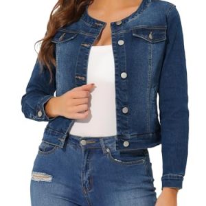 Women's Denim Jacket Collarless Round Neck Button Down Long Sleeve Jean Jackets