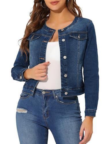 Women's Denim Jacket Collarless Round Neck Button Down Long Sleeve Jean Jackets