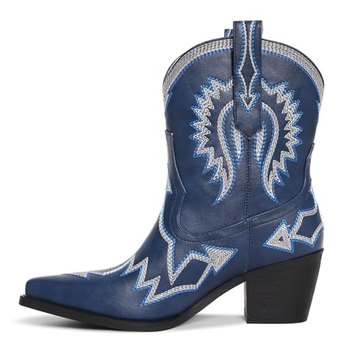 Western Boots for Women Metallic Embroidered Pointed Toe Cowgirl Boots Chunky Heel Pull-On Short Cowboy Boots Wide Calf Country