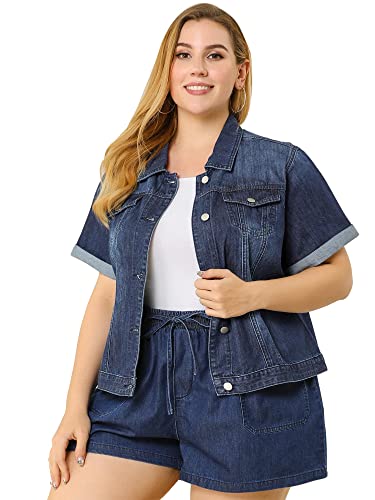 Women's Plus Size Denim Jacket Short Sleeve Lapel Button Front Work Western Outfit Jean Jackets