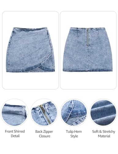 Women's Tulip Hem Shirred Washed Casual Bodycon Short Jean Denim Skirt